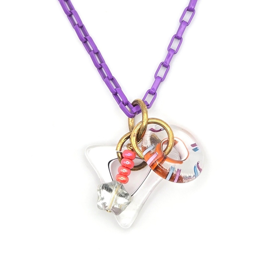 Purple Enamel Coated Box‎ Chain Necklace with Glass Multi-Charm Pendant 18"-20"